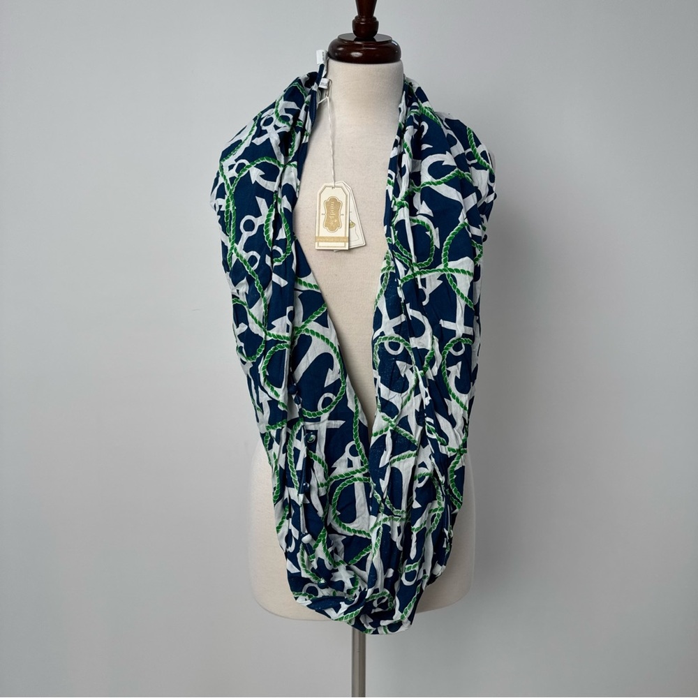 Mud Pie Navy and Green Geometric Nautical Patterned Infinity Scarf